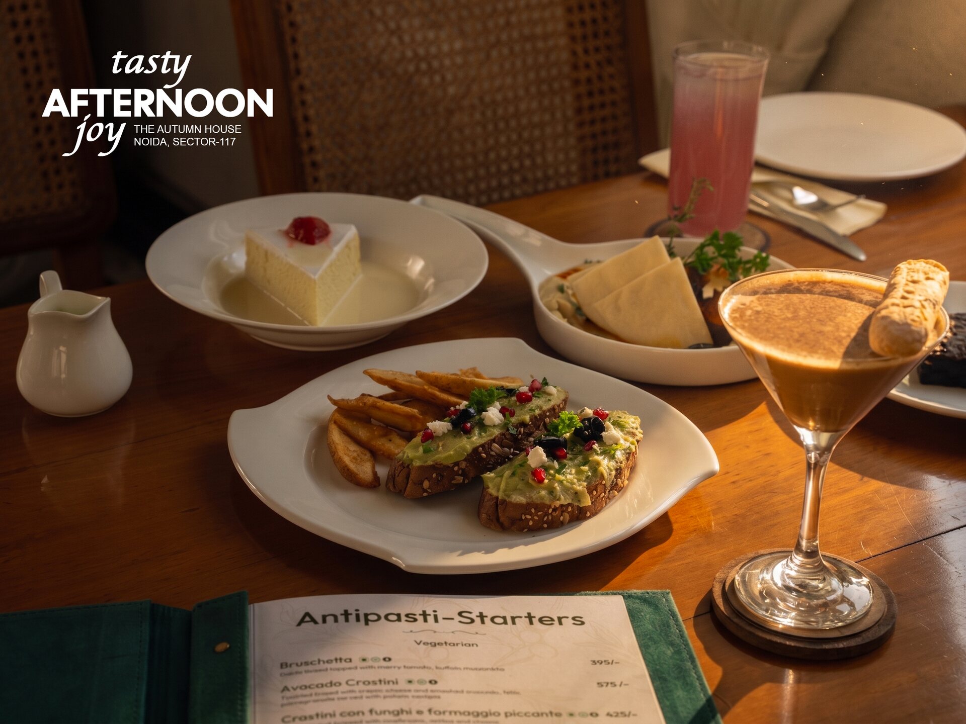 An afternoon spread of avocado toast, fries, cheesecake and a coffee martini
