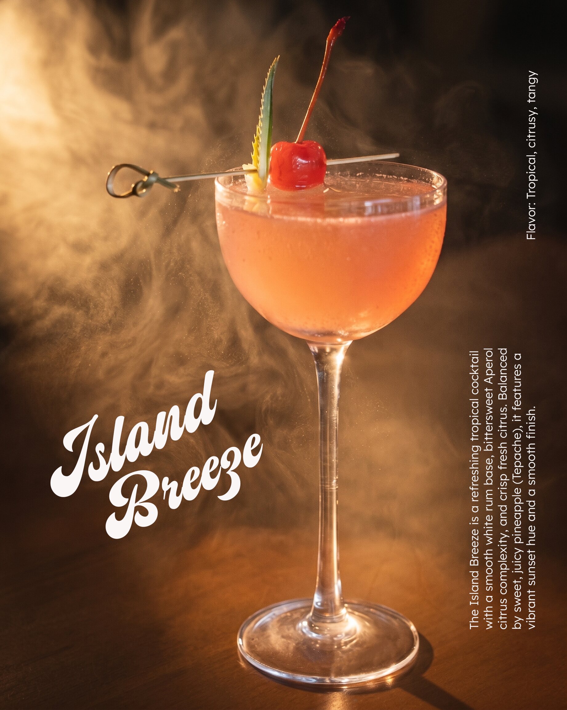 Island Breeze, a pink coupe cocktail with a cherry, in smoke and low light